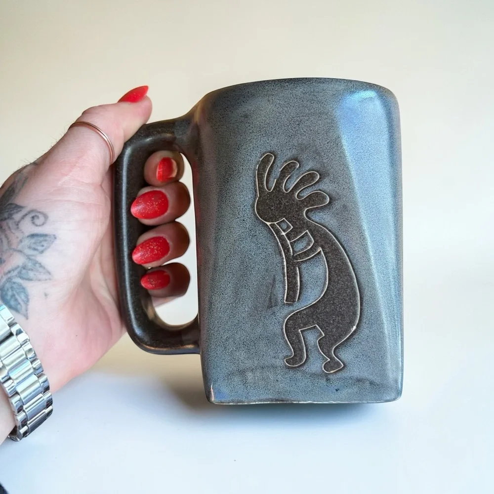 Mara Mexico Kokopelli Blue Heavy Pottery Square Mug Cup Hand Crafted Signed - Picture 1 of 6